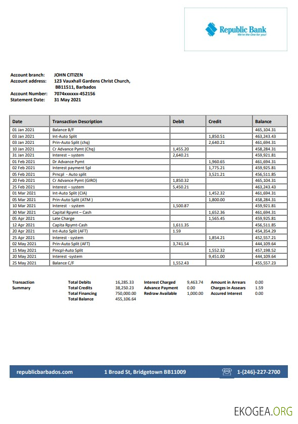 Modèle de relevé bancaire de la République de la Barbade au format Word et PDF